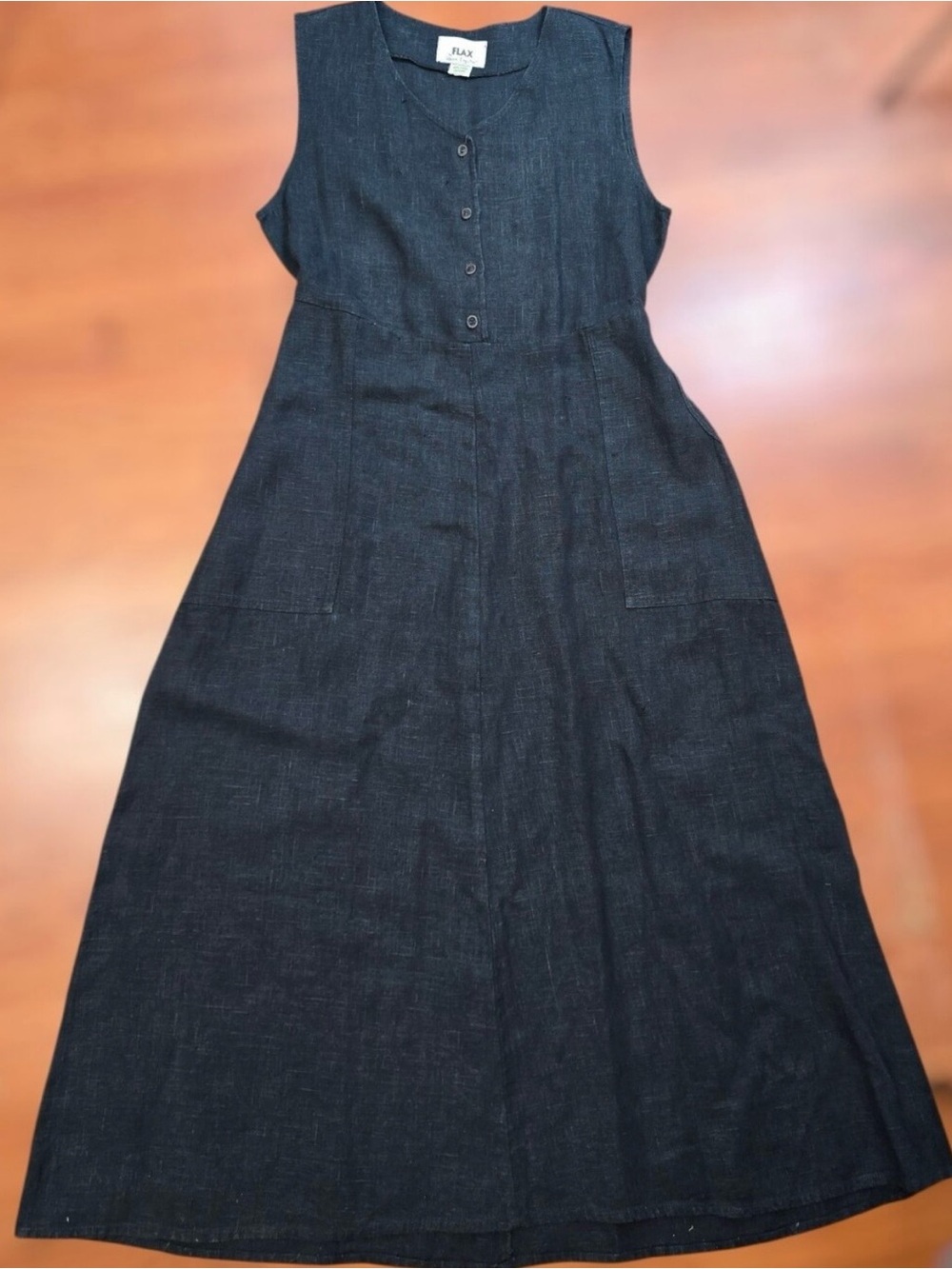 Vintage FLAX Jeanne Engelhart 100% Linen Grey Maxi Dress Button Front Pockets M - Picture 3 of 16